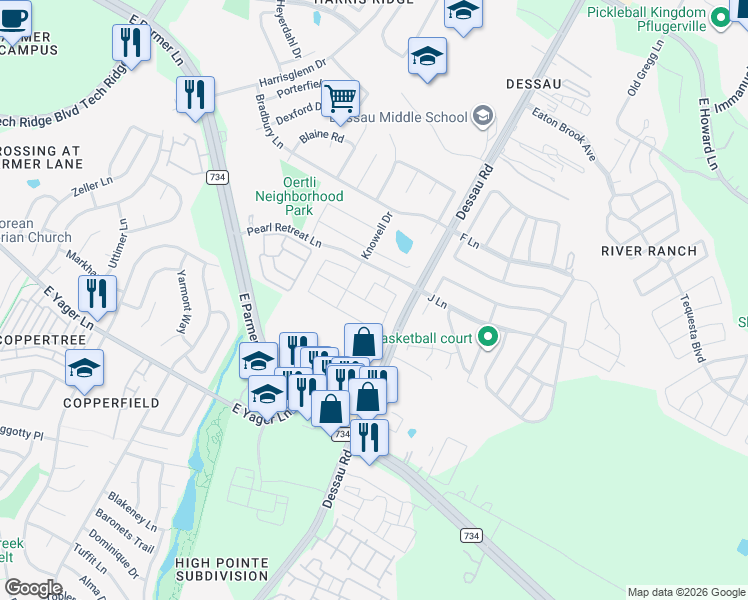 map of restaurants, bars, coffee shops, grocery stores, and more near 12401 Calibri Lane in Austin