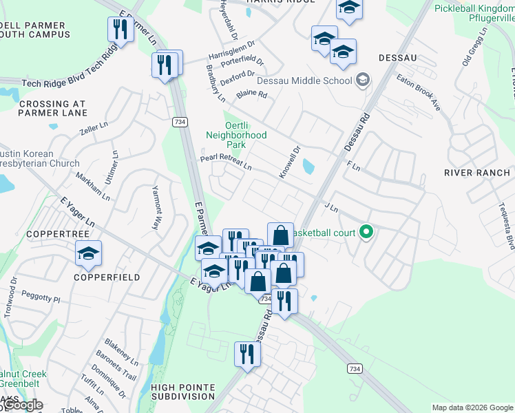 map of restaurants, bars, coffee shops, grocery stores, and more near 1525 Arial Drive in Austin