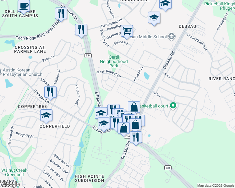 map of restaurants, bars, coffee shops, grocery stores, and more near 1525 Arial Drive in Austin