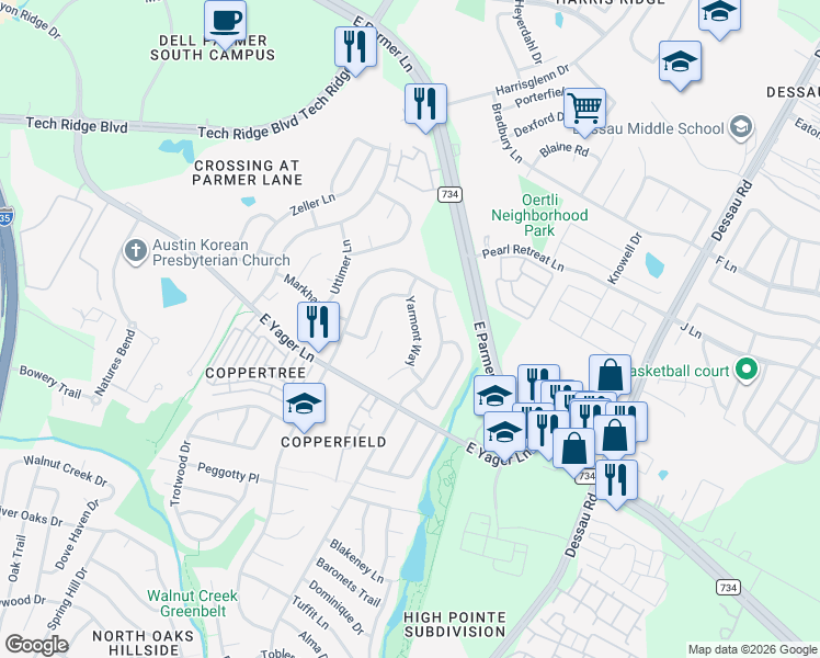 map of restaurants, bars, coffee shops, grocery stores, and more near 12314 Yarmont Way in Austin