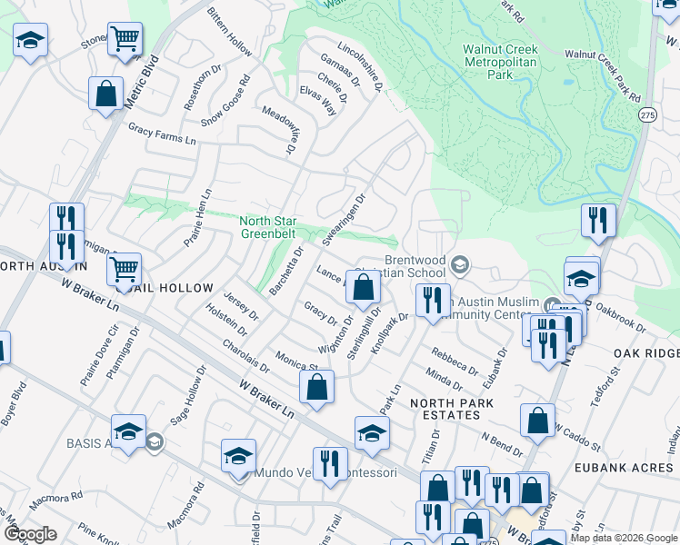 map of restaurants, bars, coffee shops, grocery stores, and more near 1405 Lance Way in Austin
