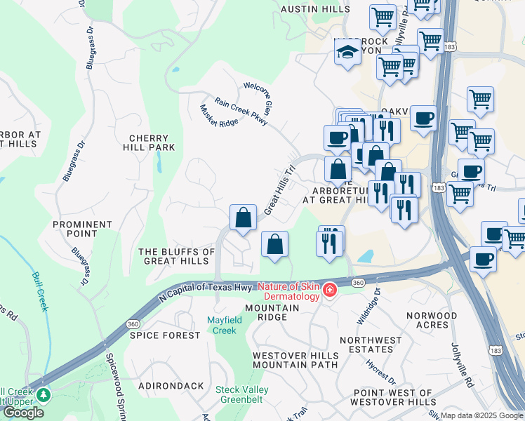 map of restaurants, bars, coffee shops, grocery stores, and more near 9020 Agate Cove in Austin