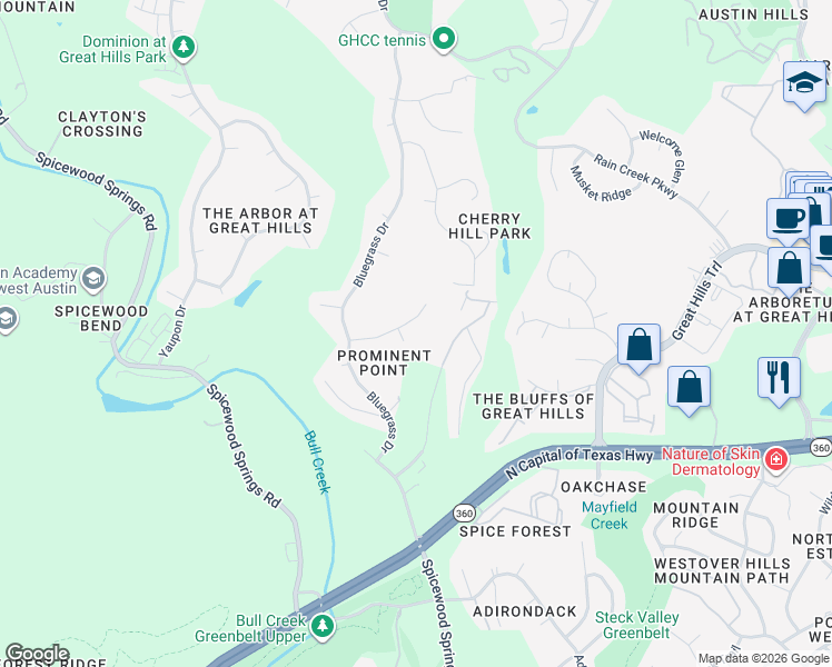 map of restaurants, bars, coffee shops, grocery stores, and more near 8901 Spurflower Cove in Austin