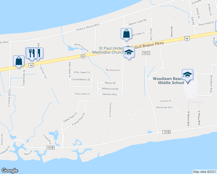 map of restaurants, bars, coffee shops, grocery stores, and more near 4850 Whitewood Road in Gulf Breeze