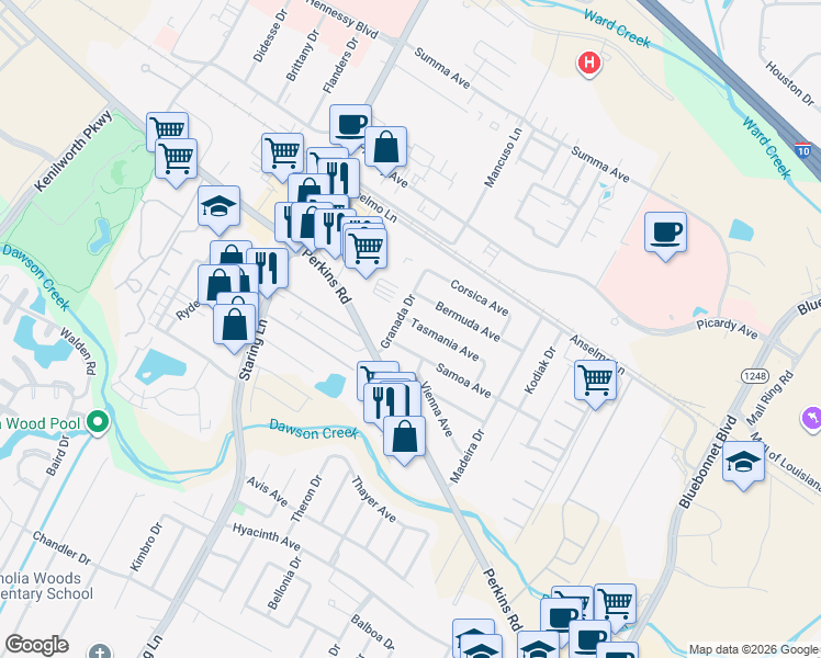 map of restaurants, bars, coffee shops, grocery stores, and more near 9246 Tasmania Avenue in Baton Rouge