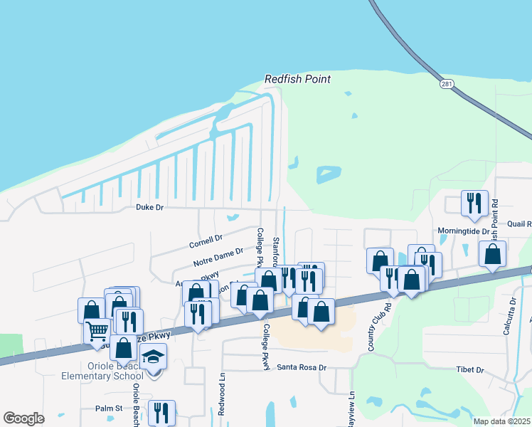 map of restaurants, bars, coffee shops, grocery stores, and more near 1506 College Parkway in Gulf Breeze
