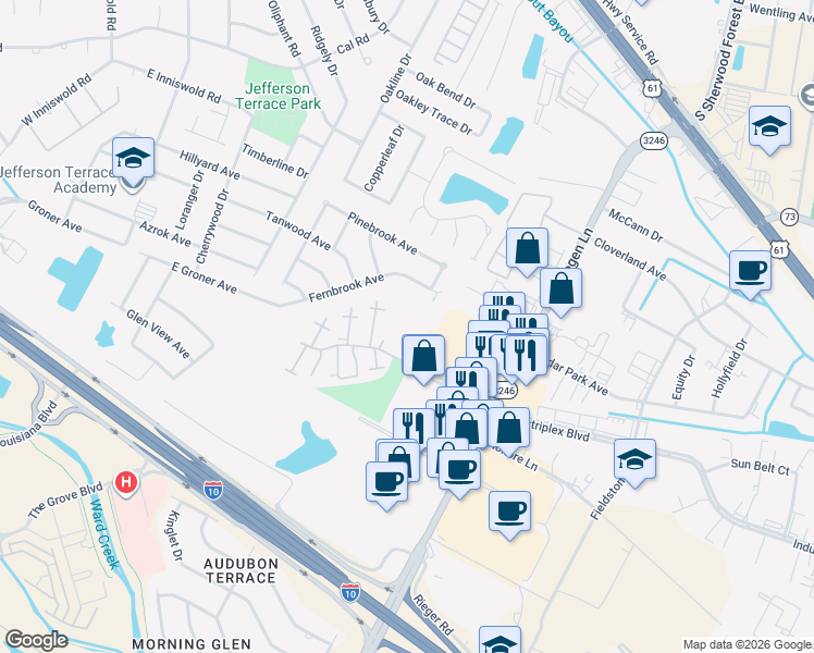 map of restaurants, bars, coffee shops, grocery stores, and more near 10808 Industriplex Boulevard in Baton Rouge