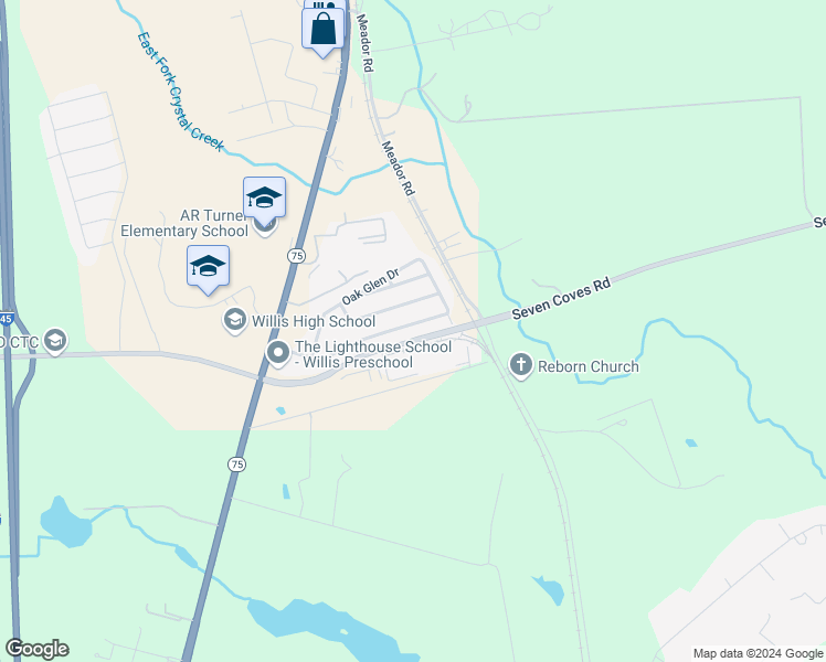 map of restaurants, bars, coffee shops, grocery stores, and more near 955 Oak Falls Drive in Willis