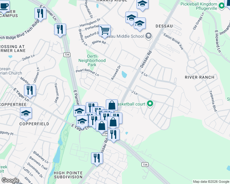 map of restaurants, bars, coffee shops, grocery stores, and more near 12401 Calibri Lane in Austin