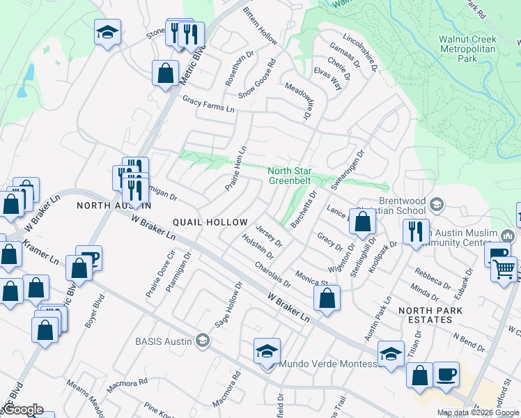 map of restaurants, bars, coffee shops, grocery stores, and more near 11510 Bittern Hollow in Austin