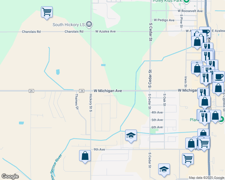 map of restaurants, bars, coffee shops, grocery stores, and more near 710 West Michigan Avenue in Foley