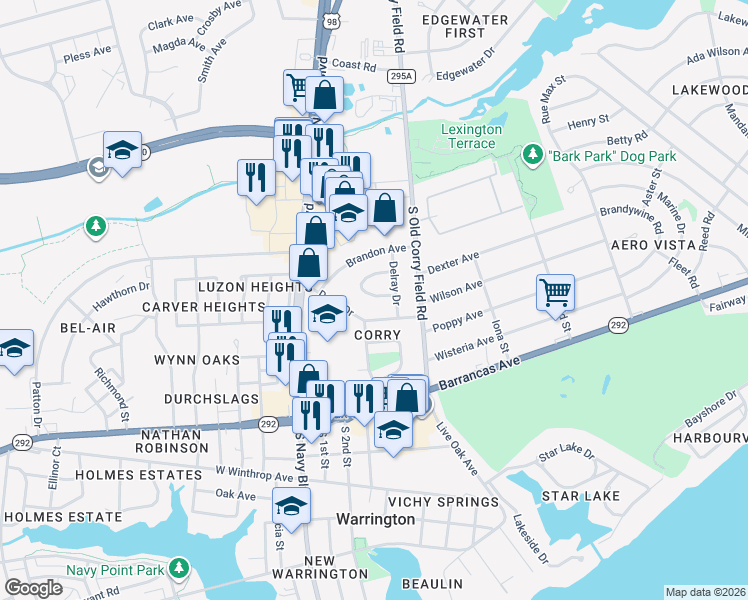 map of restaurants, bars, coffee shops, grocery stores, and more near 108 Cavalier Drive in Pensacola
