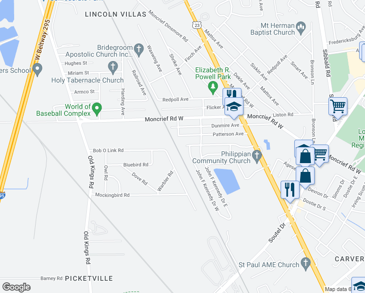 map of restaurants, bars, coffee shops, grocery stores, and more near 6064 John F Kennedy Drive North in Jacksonville