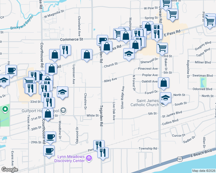 map of restaurants, bars, coffee shops, grocery stores, and more near 471 Live Oak Ave in Gulfport