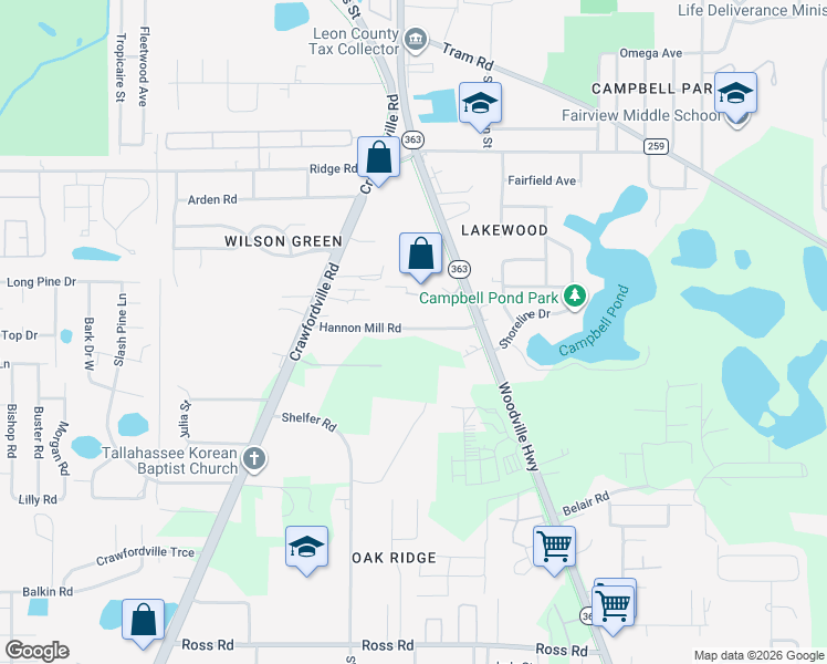 map of restaurants, bars, coffee shops, grocery stores, and more near 209 Hannon Mill Road in Tallahassee
