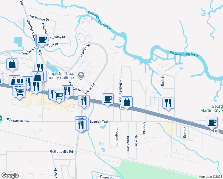 map of restaurants, bars, coffee shops, grocery stores, and more near 2012 U.S. 90 in Gautier