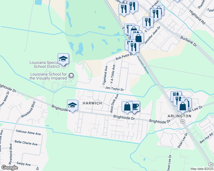 map of restaurants, bars, coffee shops, grocery stores, and more near 1257 Jim Taylor Drive in Baton Rouge