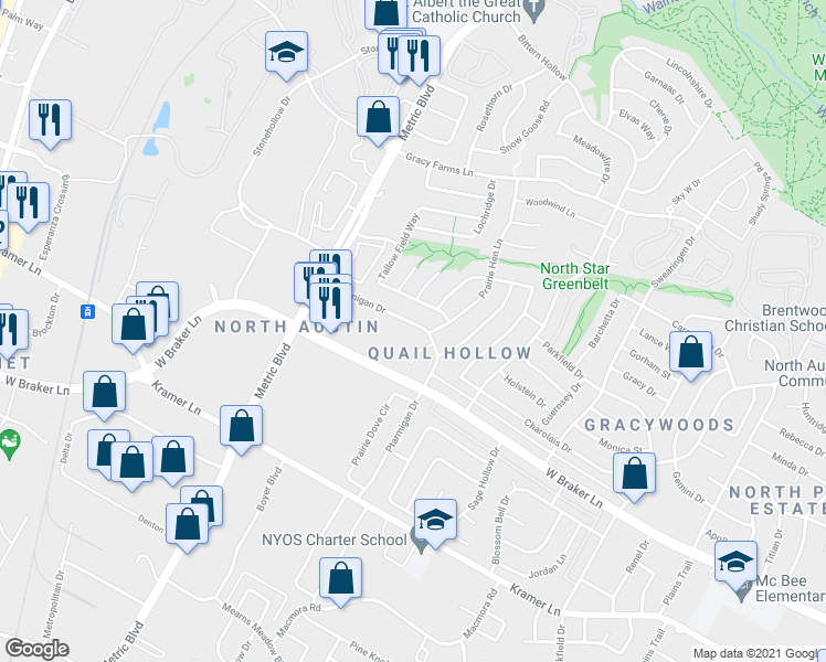 map of restaurants, bars, coffee shops, grocery stores, and more near 11308 Ptarmigan Cove in Austin