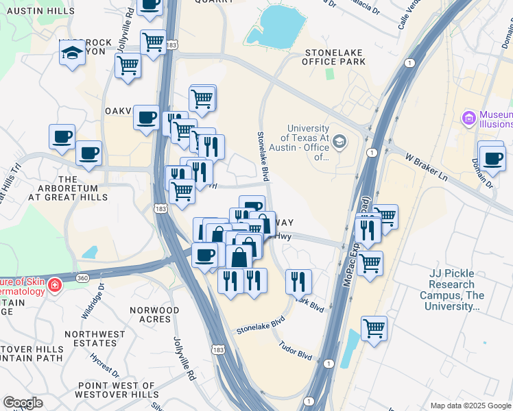 map of restaurants, bars, coffee shops, grocery stores, and more near 9910 Stonelake Boulevard in Austin