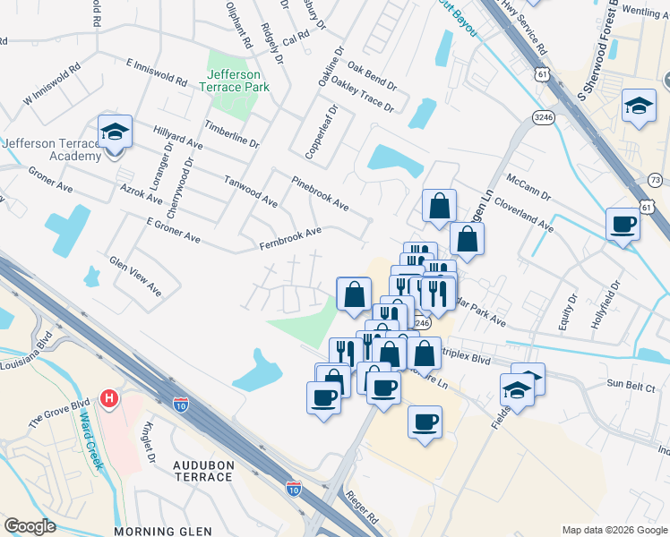 map of restaurants, bars, coffee shops, grocery stores, and more near 10808 Industriplex Boulevard in Baton Rouge
