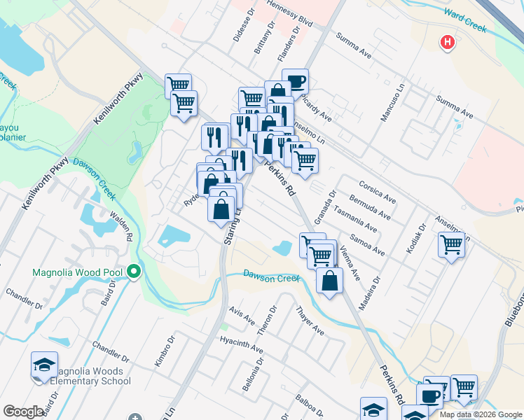 map of restaurants, bars, coffee shops, grocery stores, and more near 7603 Kings Hill Avenue in Baton Rouge