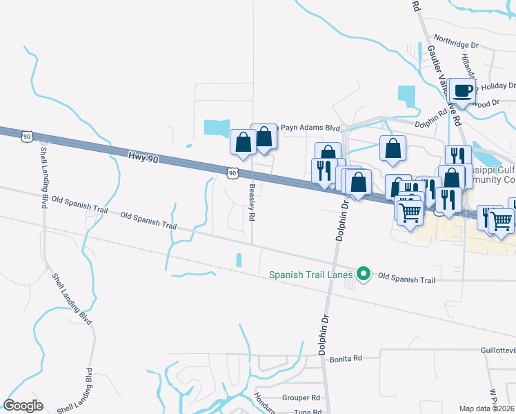 map of restaurants, bars, coffee shops, grocery stores, and more near 3513 Beasley Road in Gautier