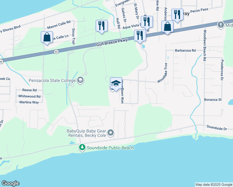 map of restaurants, bars, coffee shops, grocery stores, and more near 1500 Woodlawn Way in Gulf Breeze