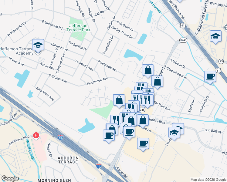map of restaurants, bars, coffee shops, grocery stores, and more near 10808 Industriplex Boulevard in Baton Rouge