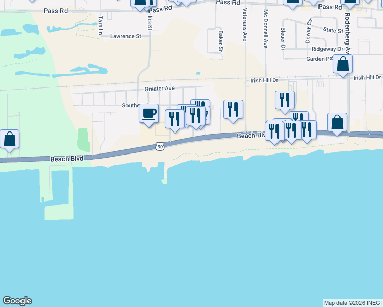 map of restaurants, bars, coffee shops, grocery stores, and more near 1899 Beach Boulevard in Biloxi
