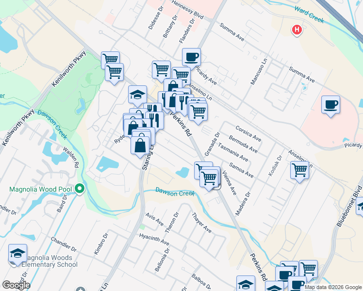 map of restaurants, bars, coffee shops, grocery stores, and more near 7816 Bles Avenue in Baton Rouge