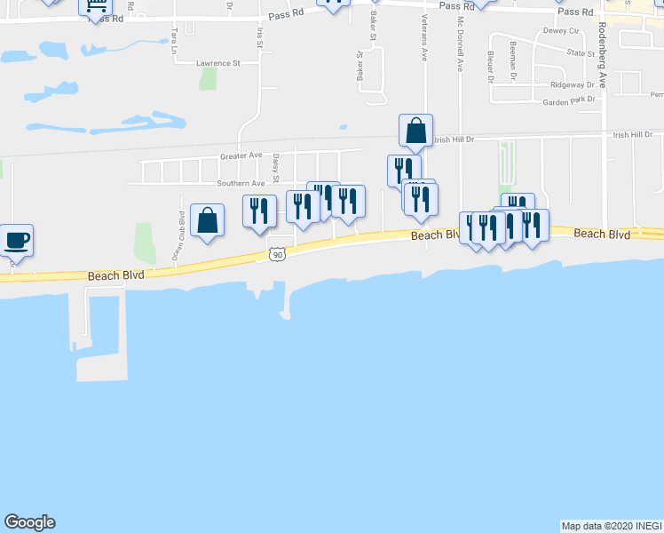 map of restaurants, bars, coffee shops, grocery stores, and more near 1899 Beach Boulevard in Biloxi