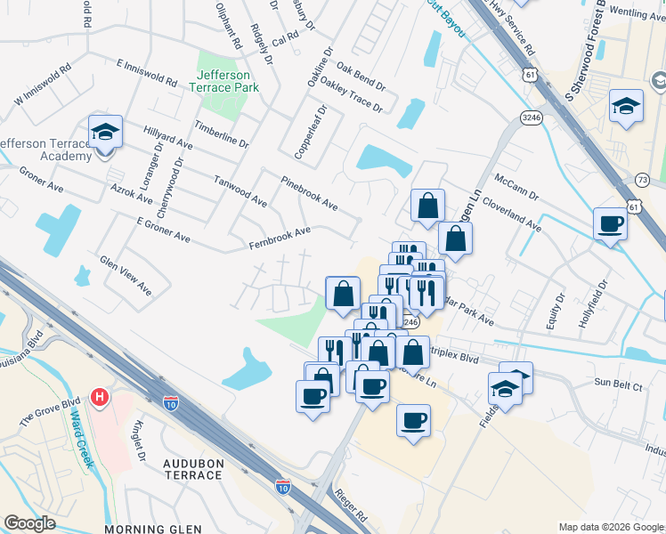map of restaurants, bars, coffee shops, grocery stores, and more near 10808 Industriplex Boulevard in Baton Rouge