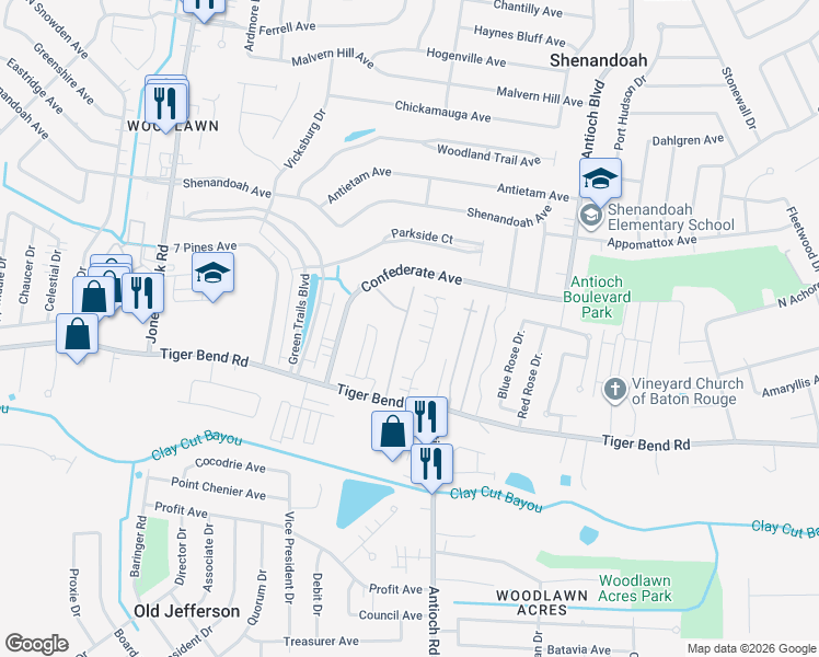 map of restaurants, bars, coffee shops, grocery stores, and more near 15995 Tiger Bend Road in Baton Rouge