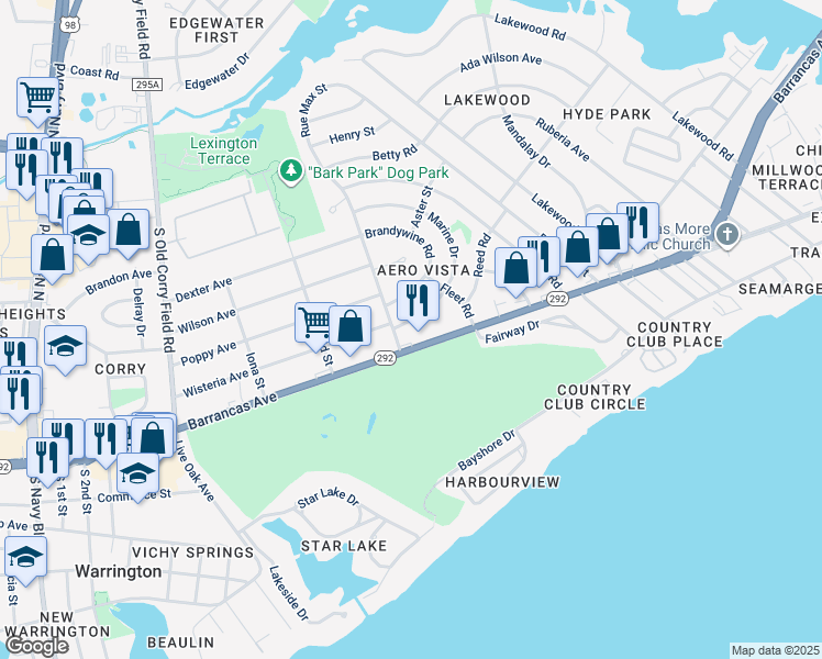 map of restaurants, bars, coffee shops, grocery stores, and more near 7 Marine Drive in Pensacola
