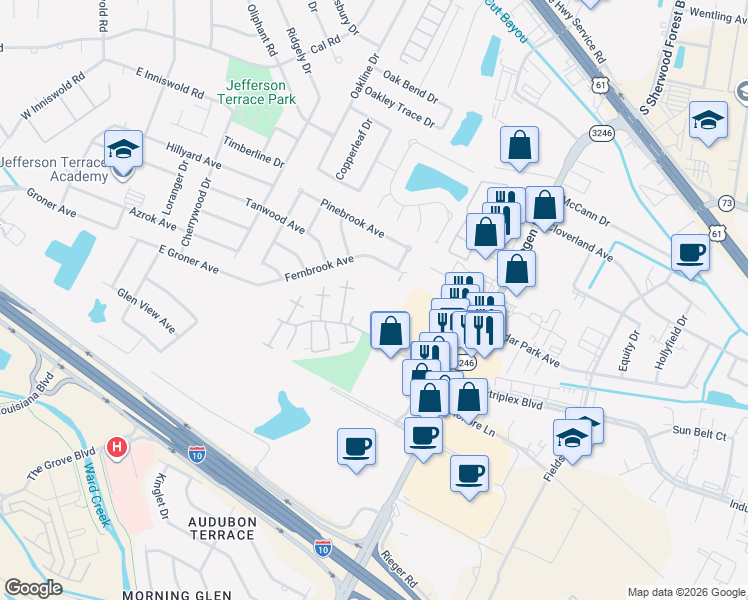 map of restaurants, bars, coffee shops, grocery stores, and more near 10457 Fernbrook Avenue in Baton Rouge