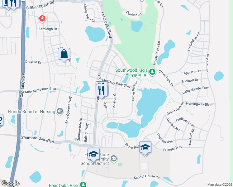 map of restaurants, bars, coffee shops, grocery stores, and more near 4029 Colleton Court in Tallahassee