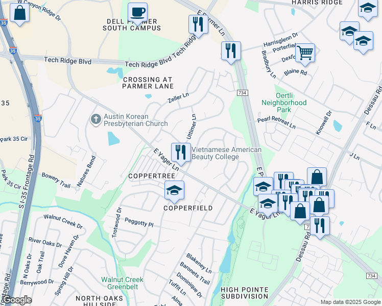 map of restaurants, bars, coffee shops, grocery stores, and more near 1015 Markham Lane in Austin