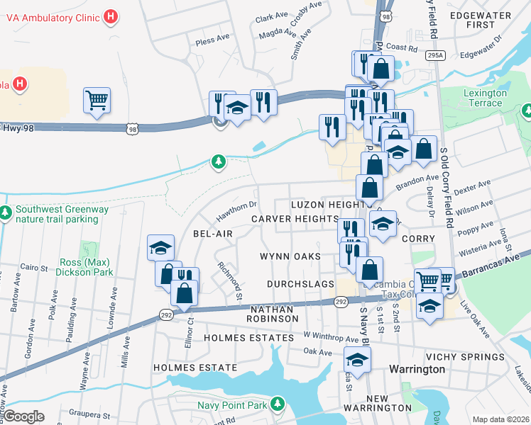map of restaurants, bars, coffee shops, grocery stores, and more near 38a North Carver Drive in Pensacola