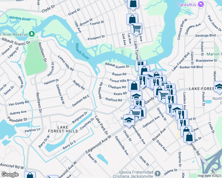 map of restaurants, bars, coffee shops, grocery stores, and more near 1620 Forest Hills Road in Jacksonville