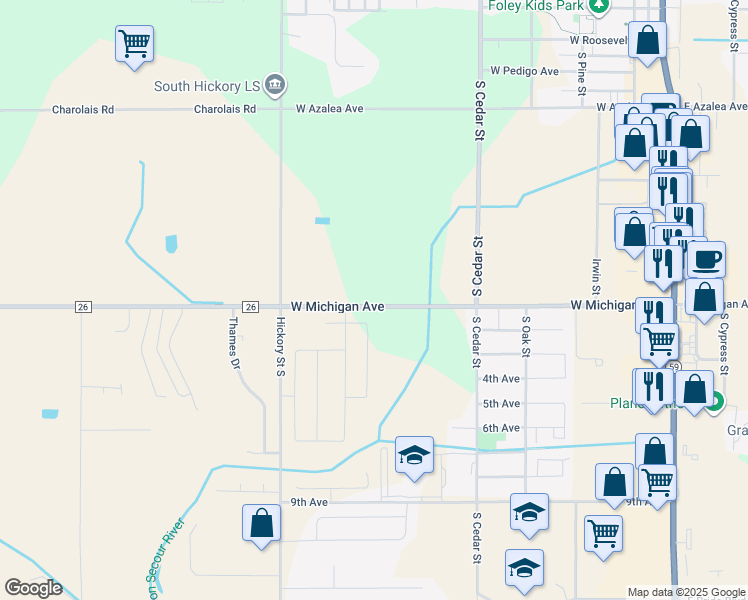 map of restaurants, bars, coffee shops, grocery stores, and more near 710 West Michigan Avenue in Foley