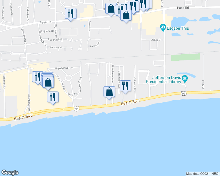 map of restaurants, bars, coffee shops, grocery stores, and more near 150 Pine Grove Avenue in Biloxi