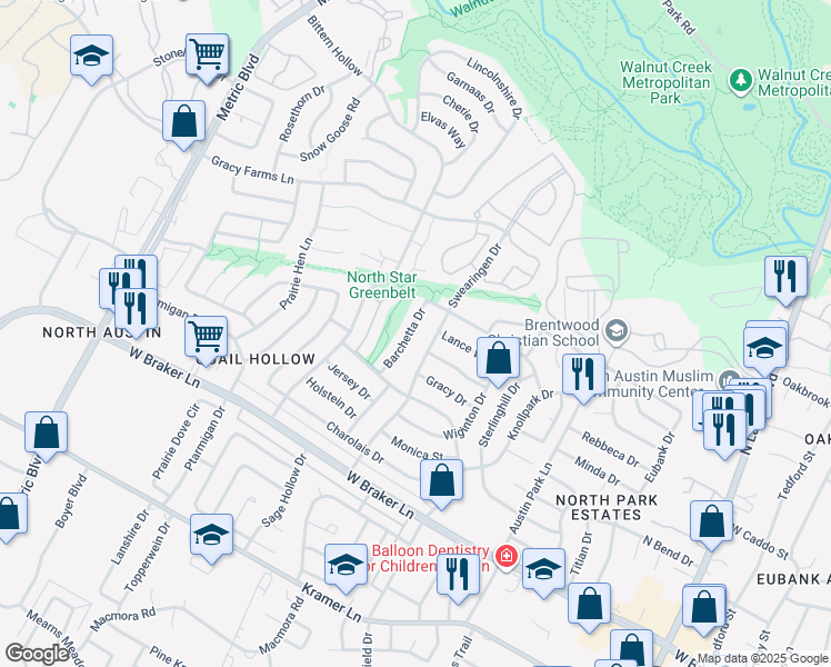 map of restaurants, bars, coffee shops, grocery stores, and more near 11710 Barchetta Drive in Austin