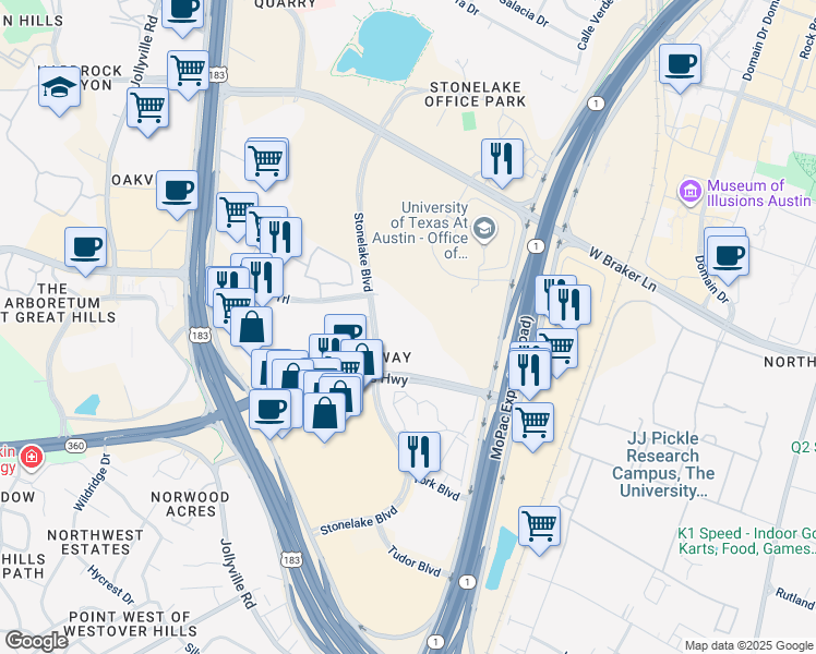 map of restaurants, bars, coffee shops, grocery stores, and more near 10201 Stonelake Boulevard in Austin