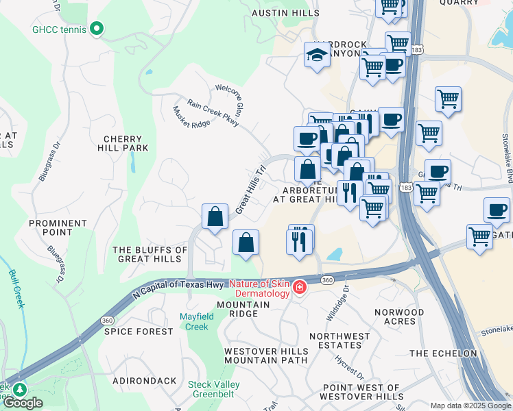 map of restaurants, bars, coffee shops, grocery stores, and more near 9521 Great Hills Trail in Austin