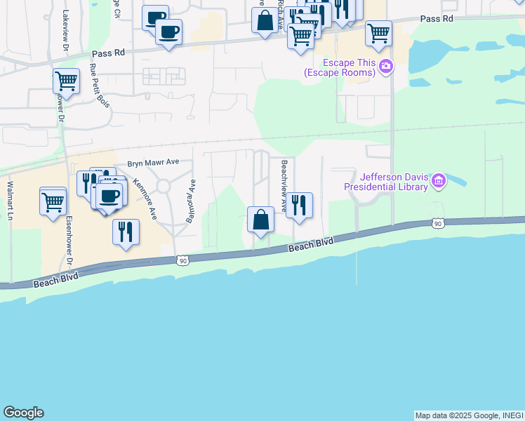 map of restaurants, bars, coffee shops, grocery stores, and more near 2462 Beacon Place in Biloxi