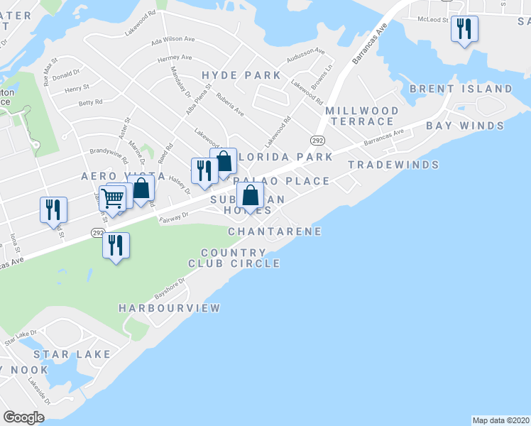 map of restaurants, bars, coffee shops, grocery stores, and more near 710 Bayshore Drive in Pensacola