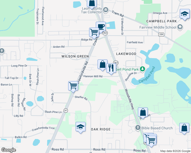 map of restaurants, bars, coffee shops, grocery stores, and more near 127 Hannon Mill Road in Tallahassee