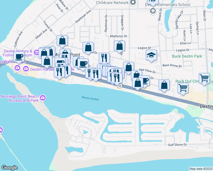 map of restaurants, bars, coffee shops, grocery stores, and more near 509 U.S. 98 in Destin