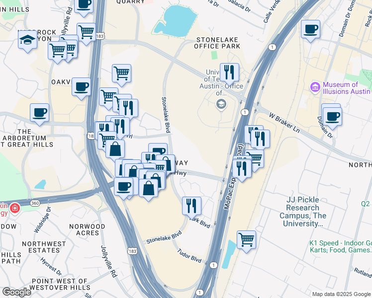 map of restaurants, bars, coffee shops, grocery stores, and more near 10011 Stonelake Boulevard in Austin