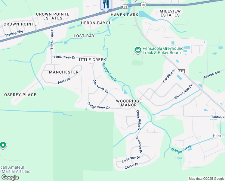 map of restaurants, bars, coffee shops, grocery stores, and more near 1230 Bridge Creek Terrace in Pensacola